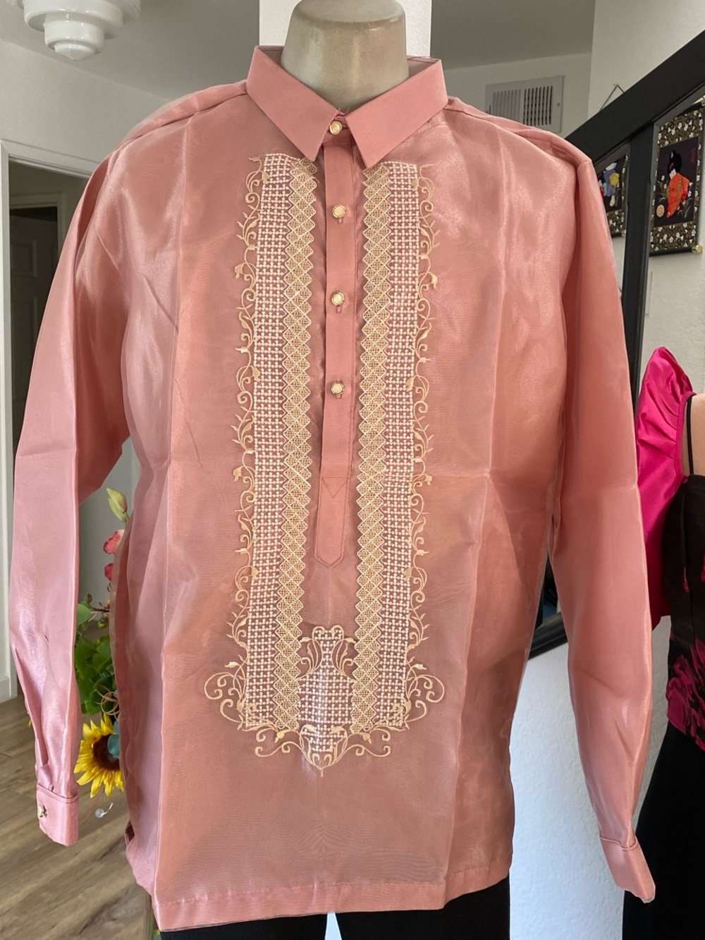 Men's Dress Barong Shirt in Dusty Rose with Cream Embroidery